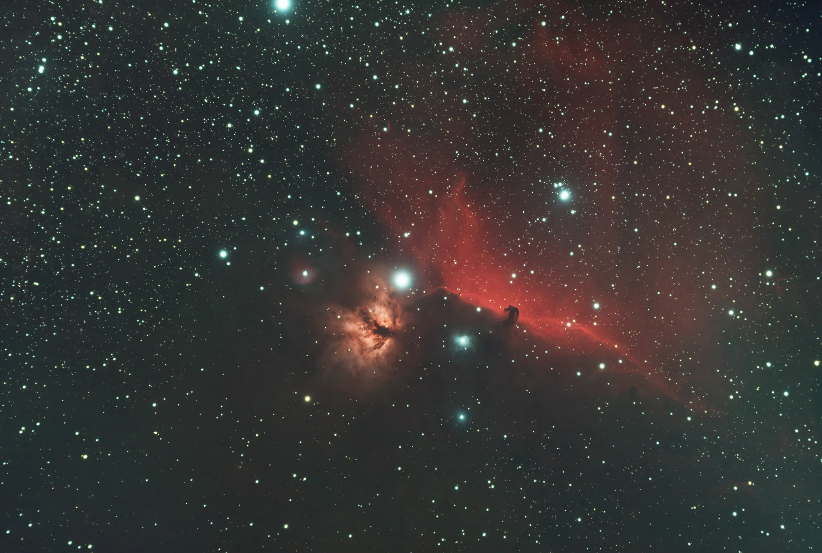 The Flame Nebula beside the dark Horsehead silhouette against a red ridge of hydrogen gas in Orion