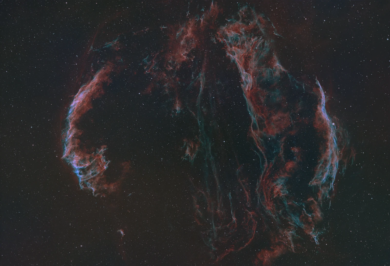 Red and blue filaments of the Veil Nebula supernova remnant in Cygnus